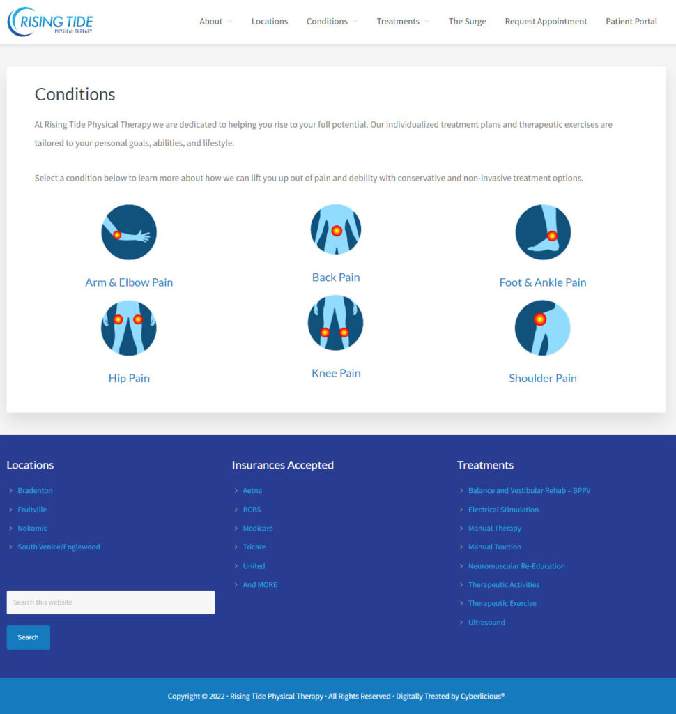 Rising Tide Physical Therapy Website Screenshot of Pain Points