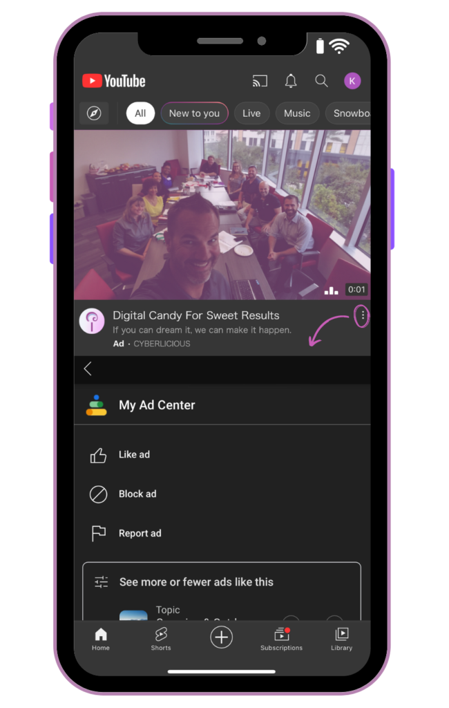 YouTube Three-Dot Menu My Ad Center Example
