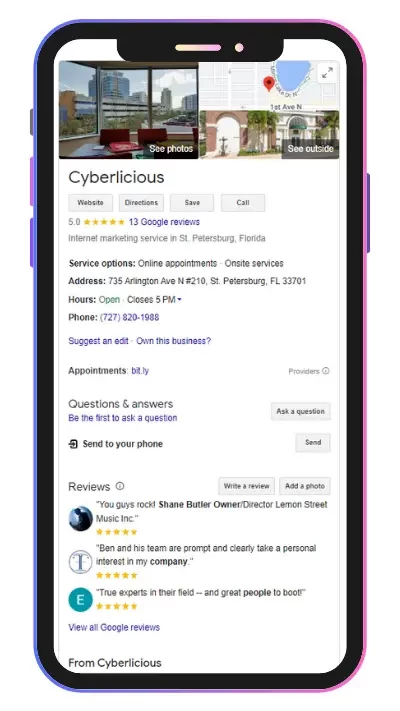 Example of a Business Google Profile on Google Search: Cyberlicious®