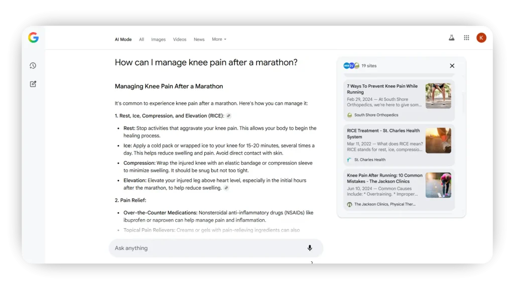 Google AI Mode: Search Example Healthcare