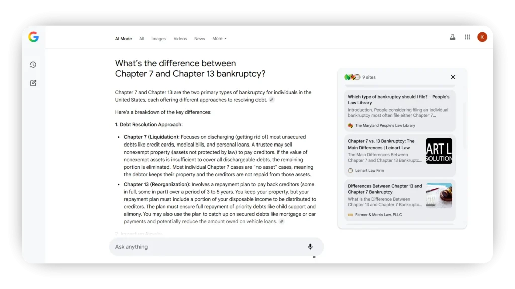 Google AI Mode: Search Example Legal