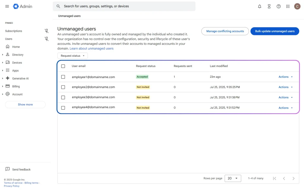 Google Unmanaged Users Transfer Status
