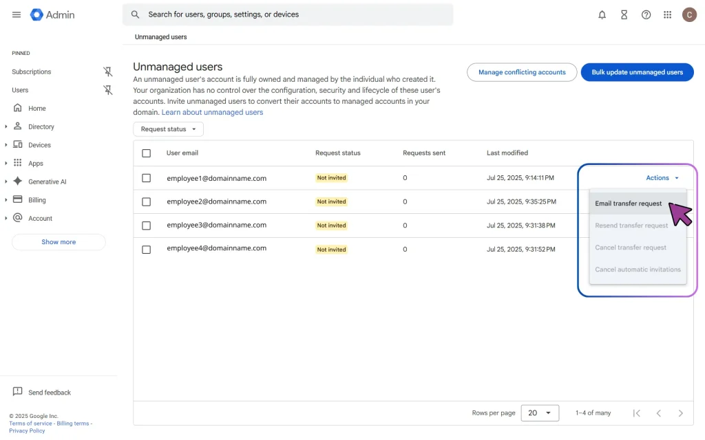 Transferring Google Unmanaged Users: Unmanaged Users Trasfer Request