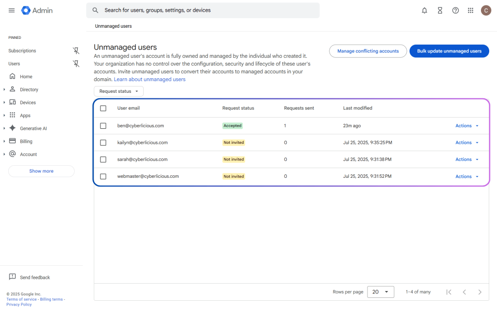 Google Unmanaged Users Transfer Status