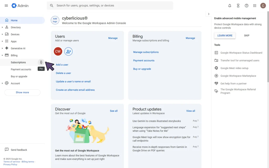 Transferring Google Unmanaged Users: Dashboard