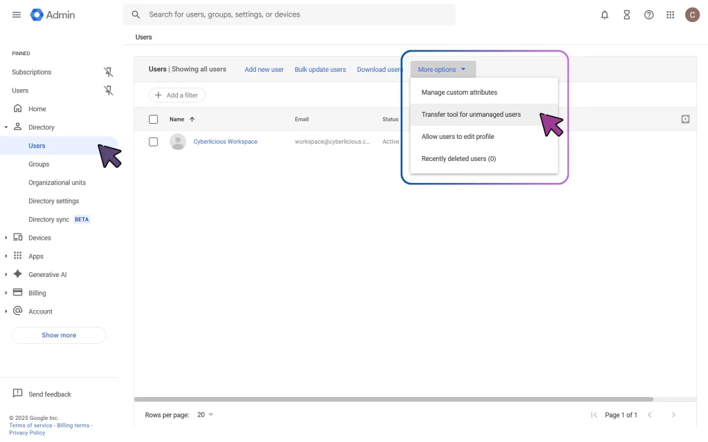 Transferring Google Unmanaged Users: Transfer Tool