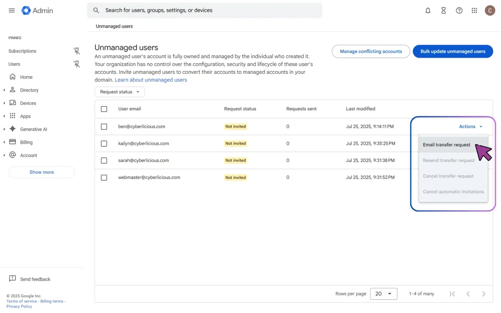 Transferring Google Unmanaged Users: Unmanaged Users Trasfer Request