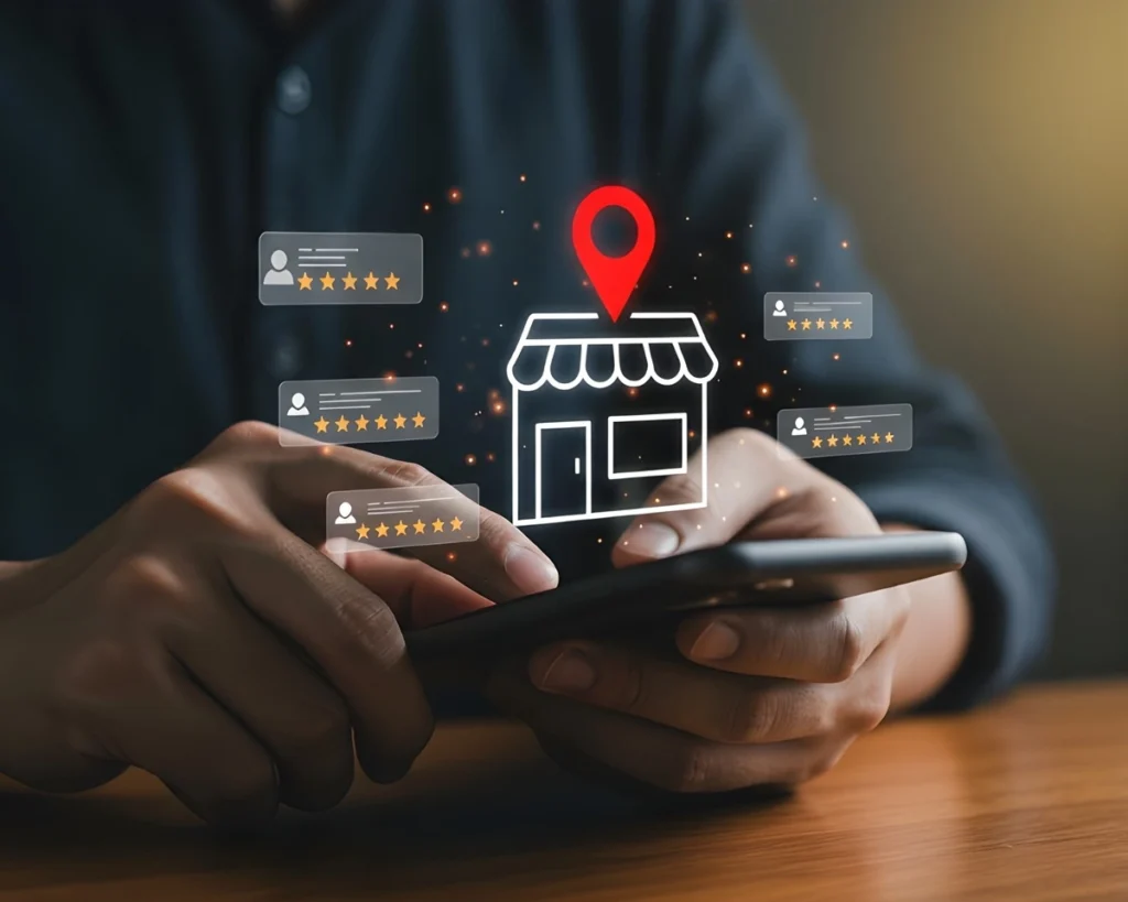 Man using phone for viewing local business reviews