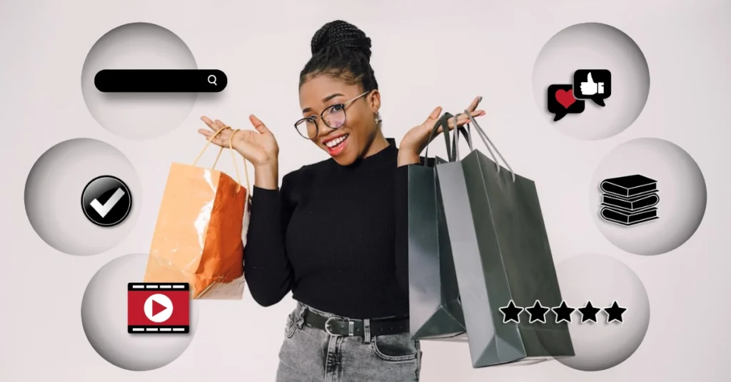Shopper with signals surrounding them: Search, social, proof, content, video, and reviews