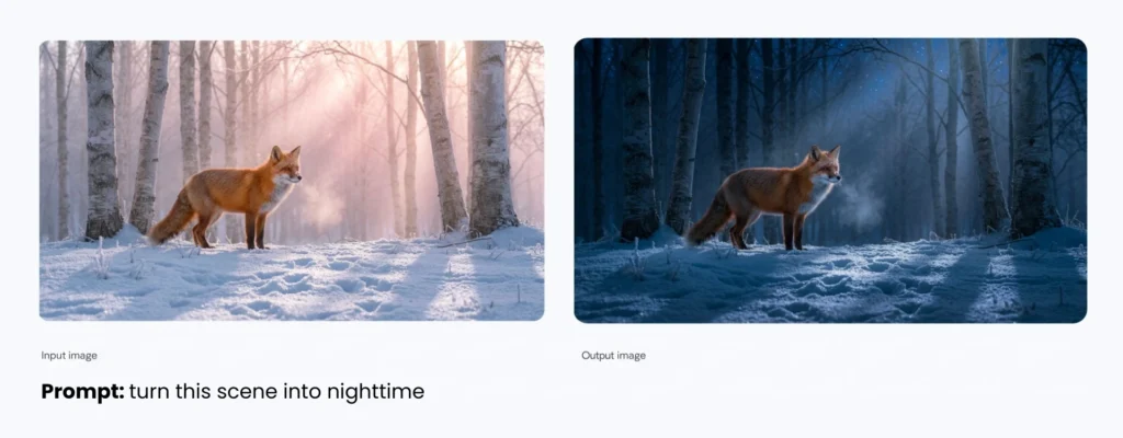 Nano Banana Pro example of lighting change: Day to night with fox in the woods as the subject