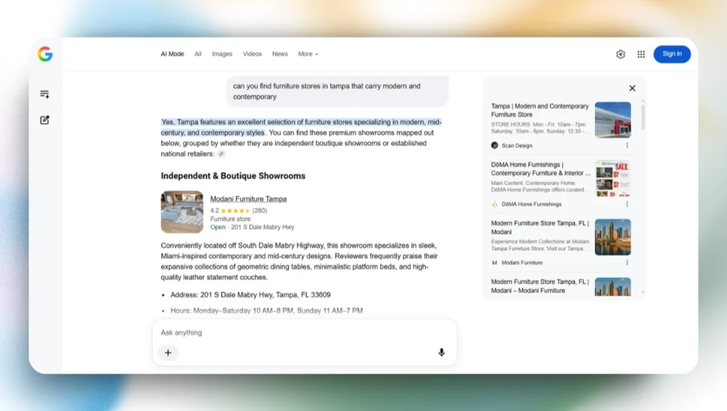 Google Search in AI Mode for Furniture Stores in Tampa