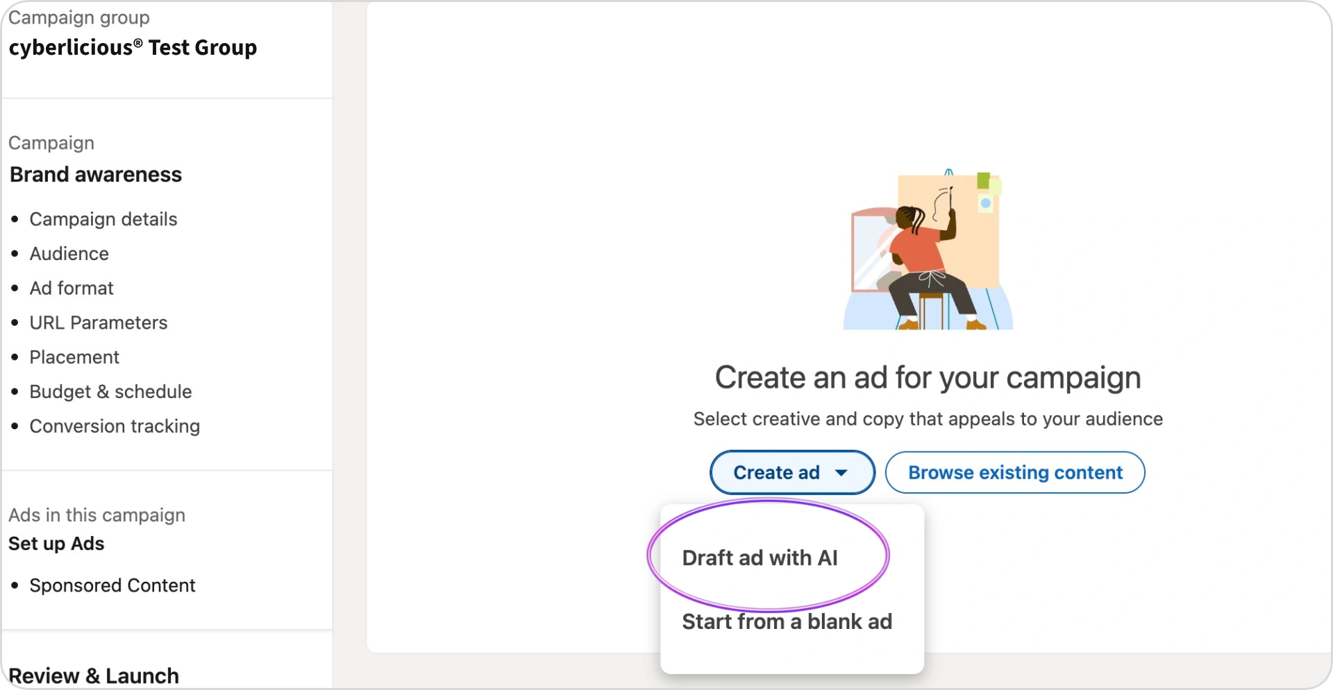 LinkedIn Example of Draft with AI in Ads
