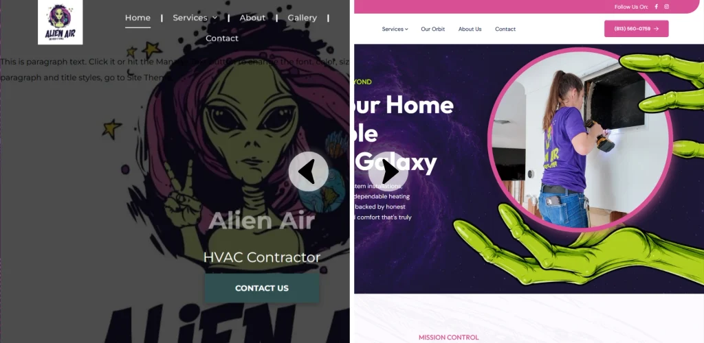 Website redesign before and after side-by-side of Alien Air homepage