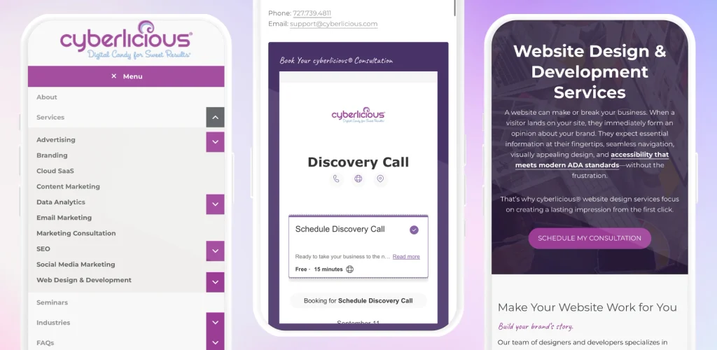 Example of good mobile ui/ux website experience, cyberlicious screenshots